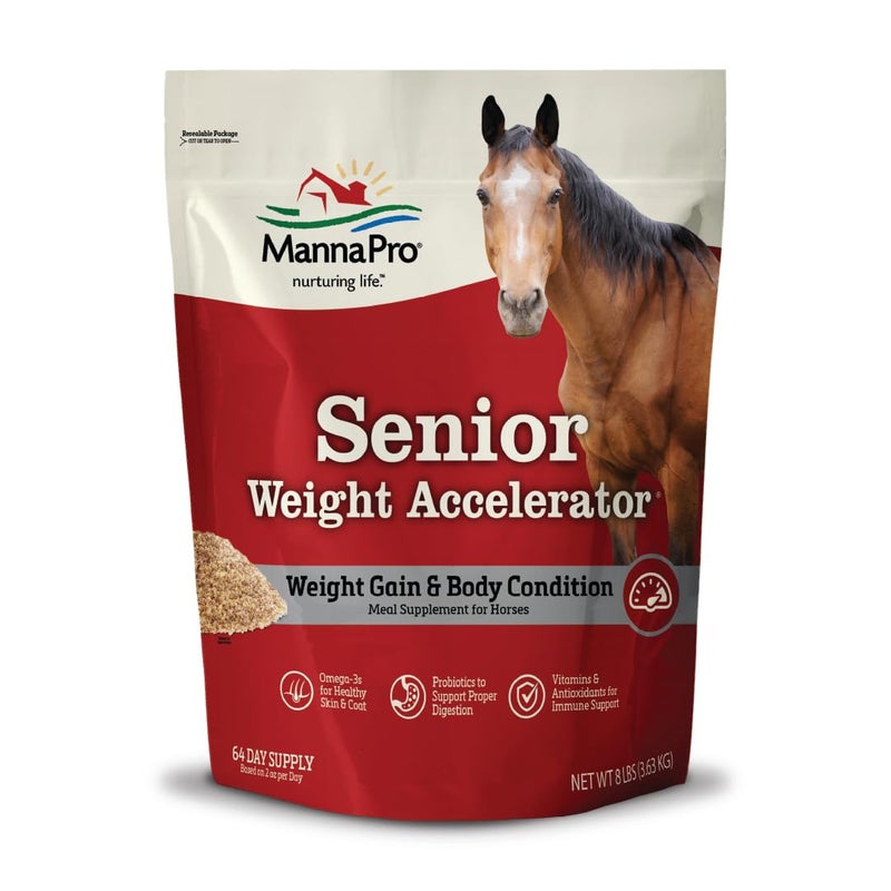 Manna Pro Weight Accelerator for Senior Horses - Weight Gain and Muscle Support Supplement with Omega 3 Fatty Acids and Flaxseed - High-Calorie Feed Topper for Horses - 8 lb Bag - Image 1